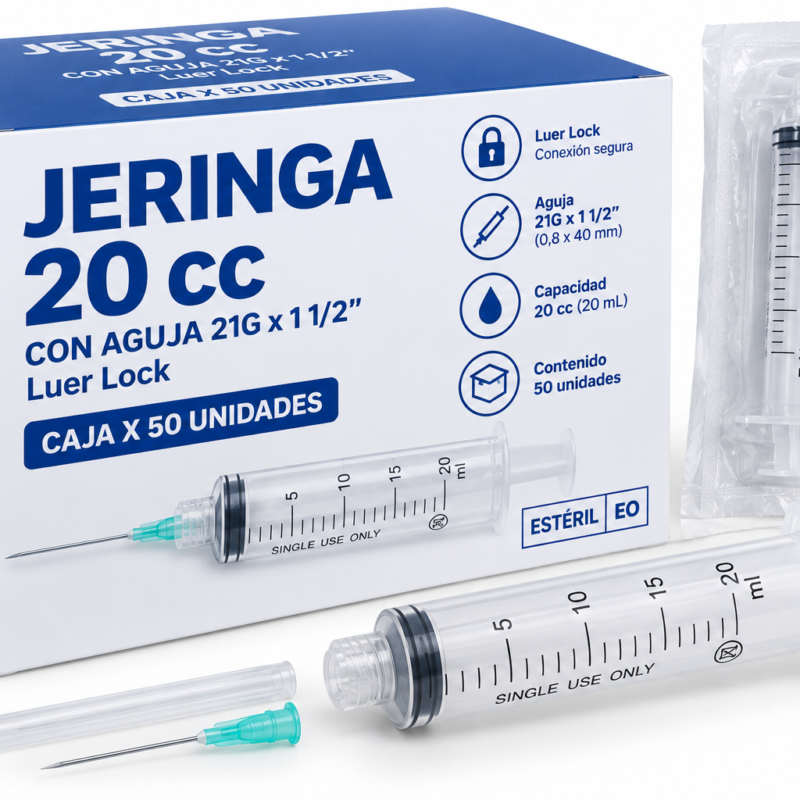 JERINGA 20cc C/A 21X11/2 Luer Lock 20 cc caja x 50 unidades